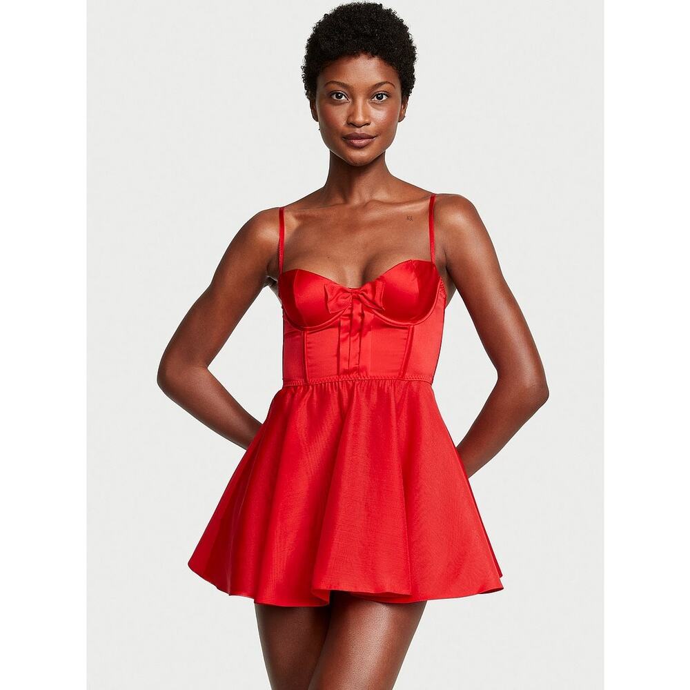 Victoria's Secret Red Satin Corset Babydoll Dress - Size Medium